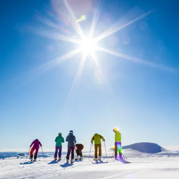 Fem skidåkare på snöfjäll mot stark sol och blå himmel