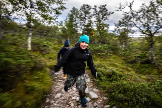 Två personer springer på en stig i fjällbjörkskog
