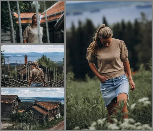 Collage med kvinna på äng och gamla trähus vid en sjö